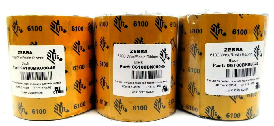 Zebra 3.15" x 1476'' Thermal Transfer Wax Resin Ribbons 06100BK08045 - 3 Rolls