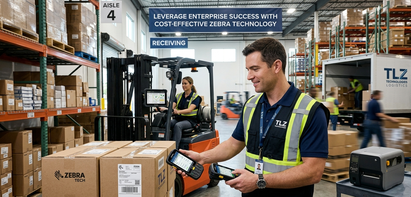 TLZ Technologies warehouse technician using a Zebra rugged handheld computer to scan a package while sitting on a forklift. Banners in the background highlight 'Cost-Effective Zebra Technology' and 'Leverage Enterprise Success.'