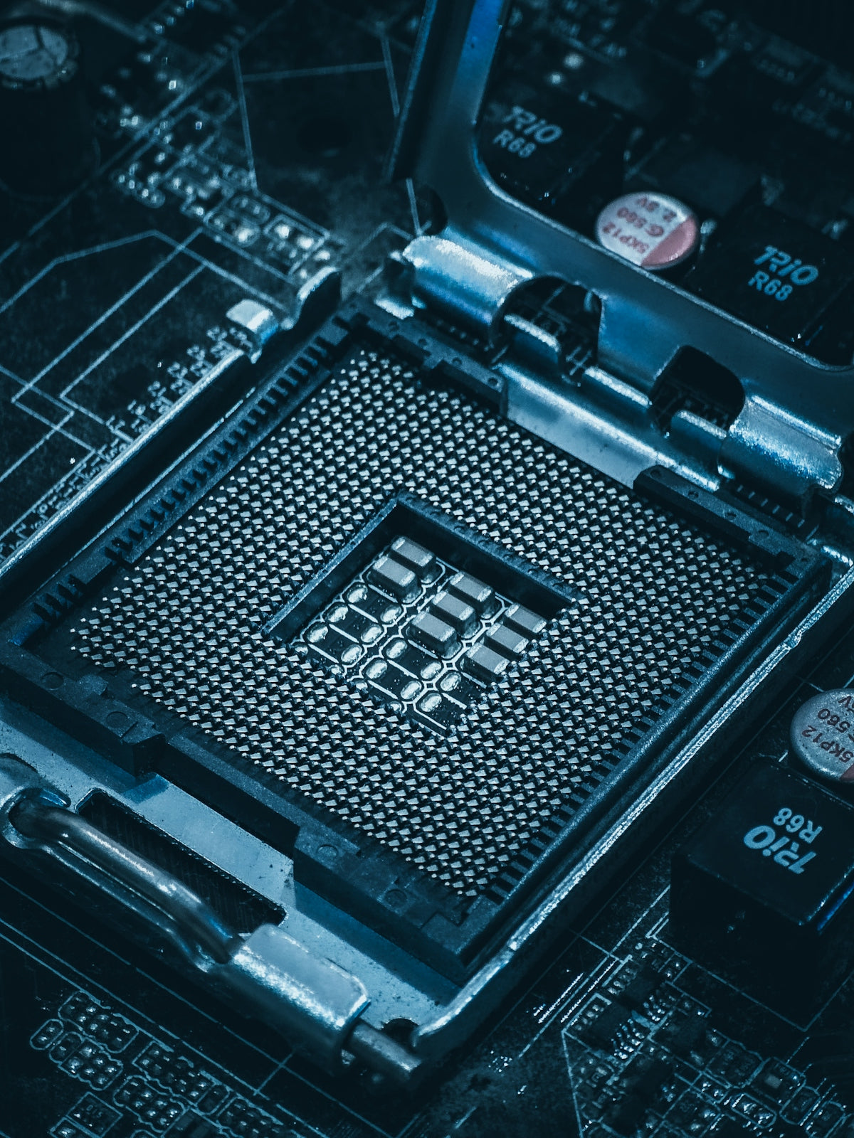 Close-up of a computer motherboard cpu socket.