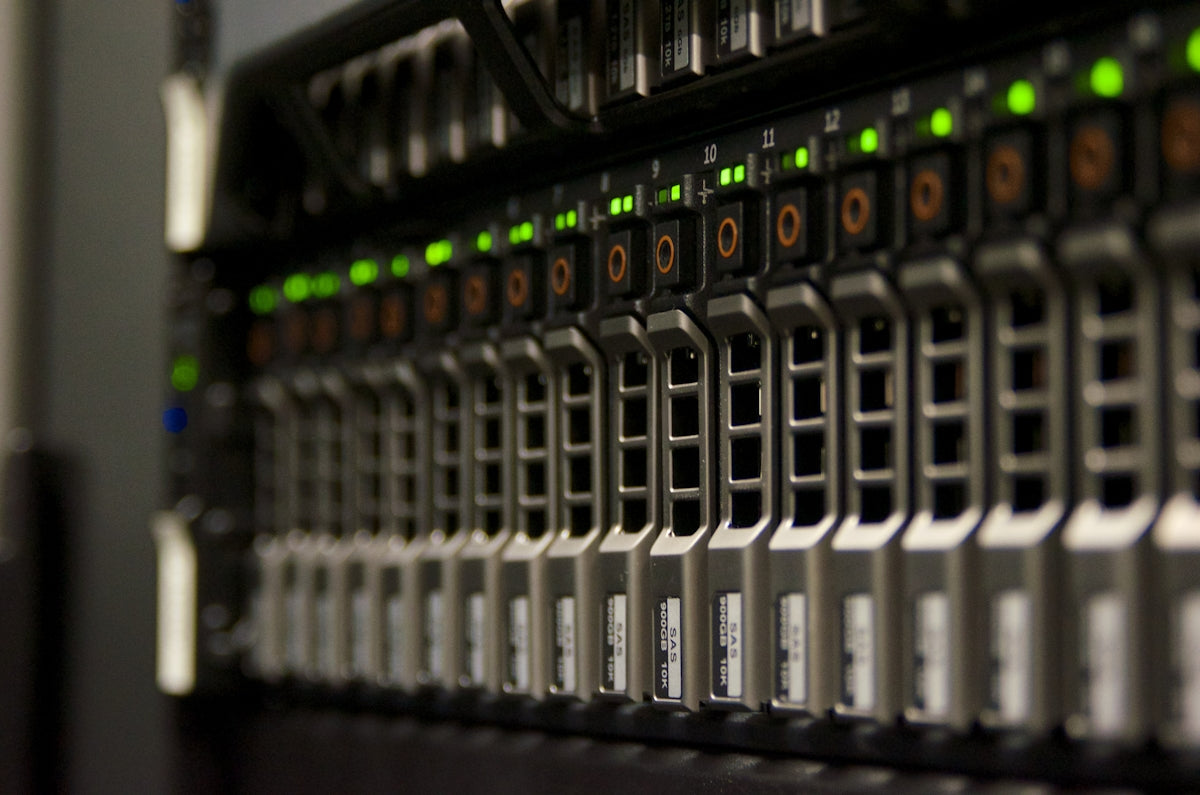Server rack with blinking green lights
