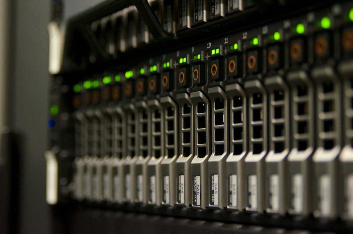 Server rack with blinking green lights