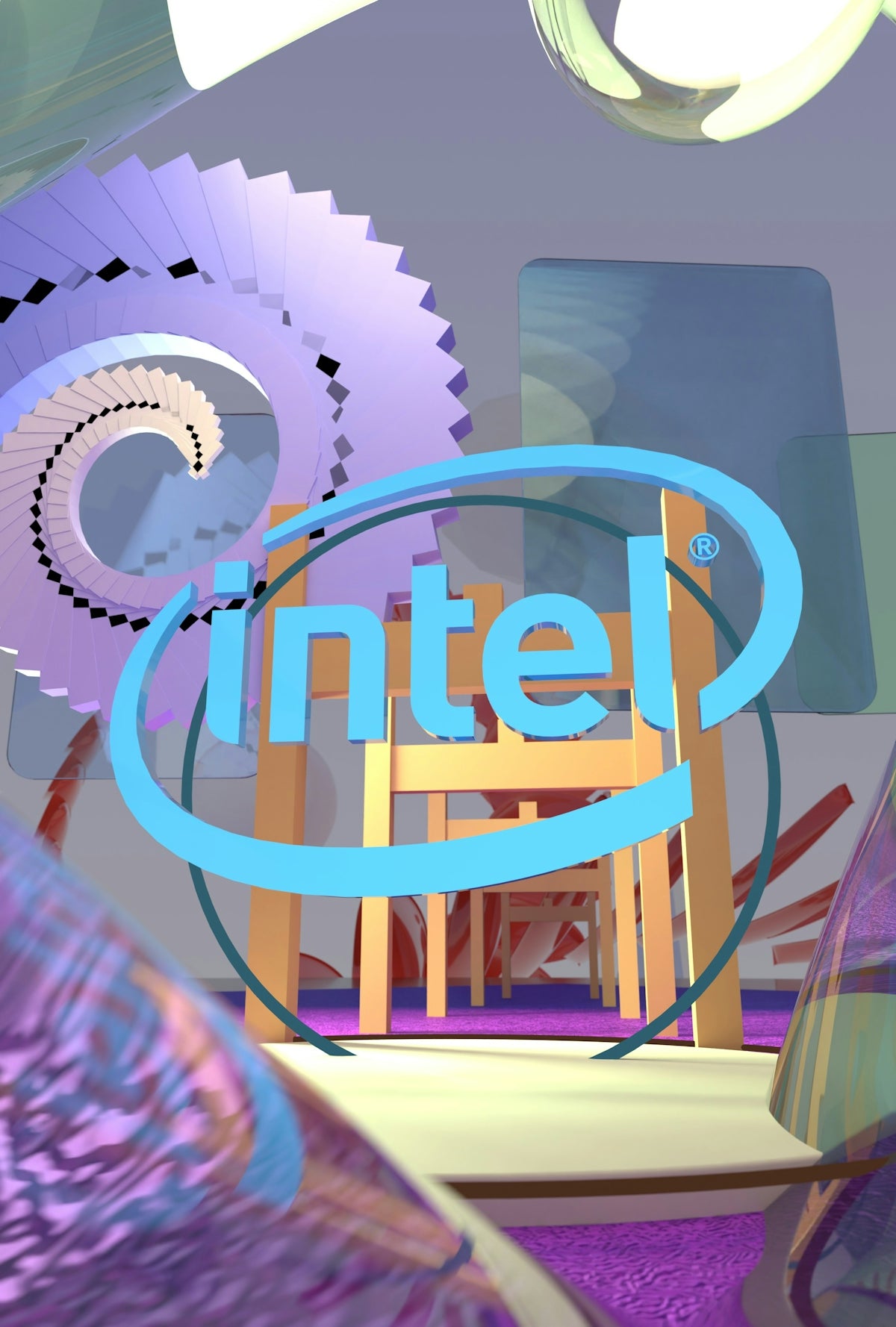 Intel logo surrounded by abstract 3D shapes and a chair.