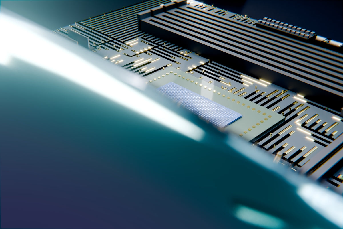 Abstract electronic circuit board with bright light streaks.