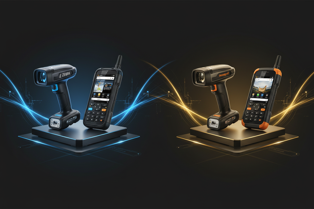 Side-by-side comparison of Zebra and Honeywell enterprise hardware, featuring rugged mobile computers and industrial barcode scanners for business efficiency
