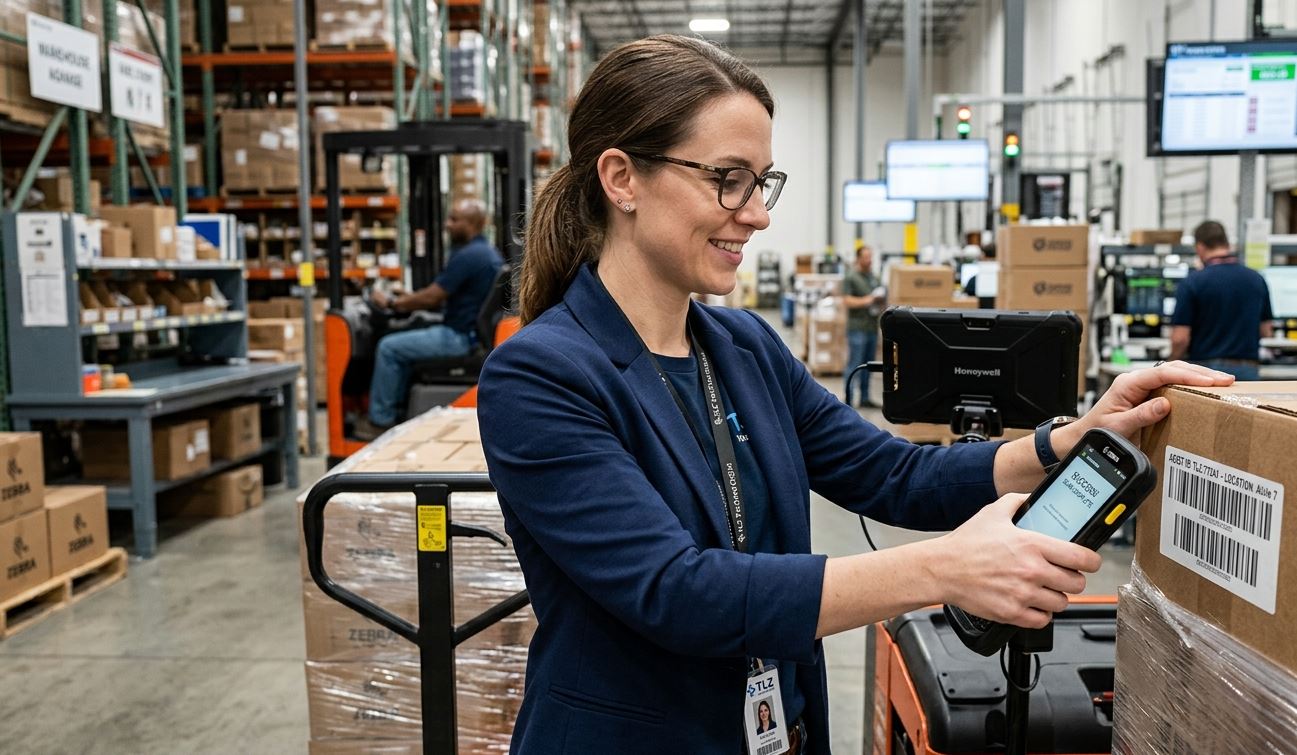 An IT Director using a Zebra rugged handheld computer to scan inventory in a warehouse.