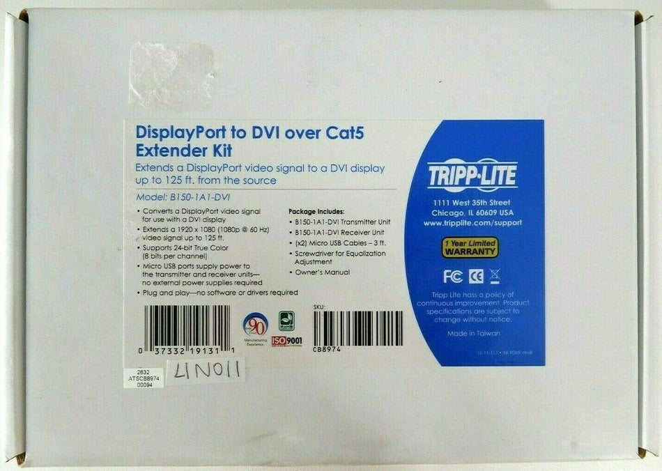 Tripp-Lite B150-1A1-DVI Displayport To DVI Over Cat5/6 Active Extender Kit