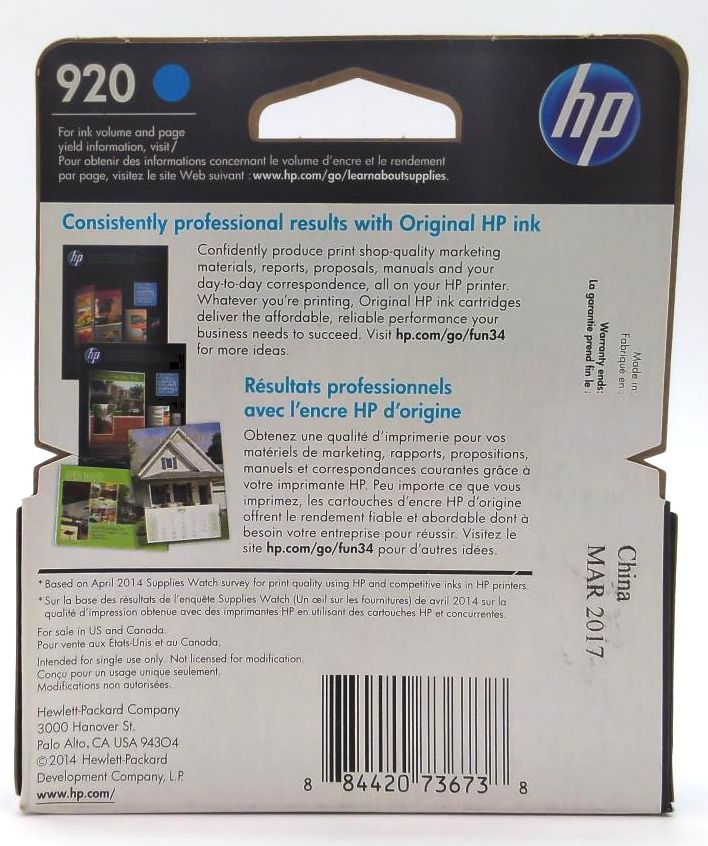 HP 920 Ink Cartridge Genuine Cyan For OfficeJet 6000 6500 6500A 7000 7500 7500A