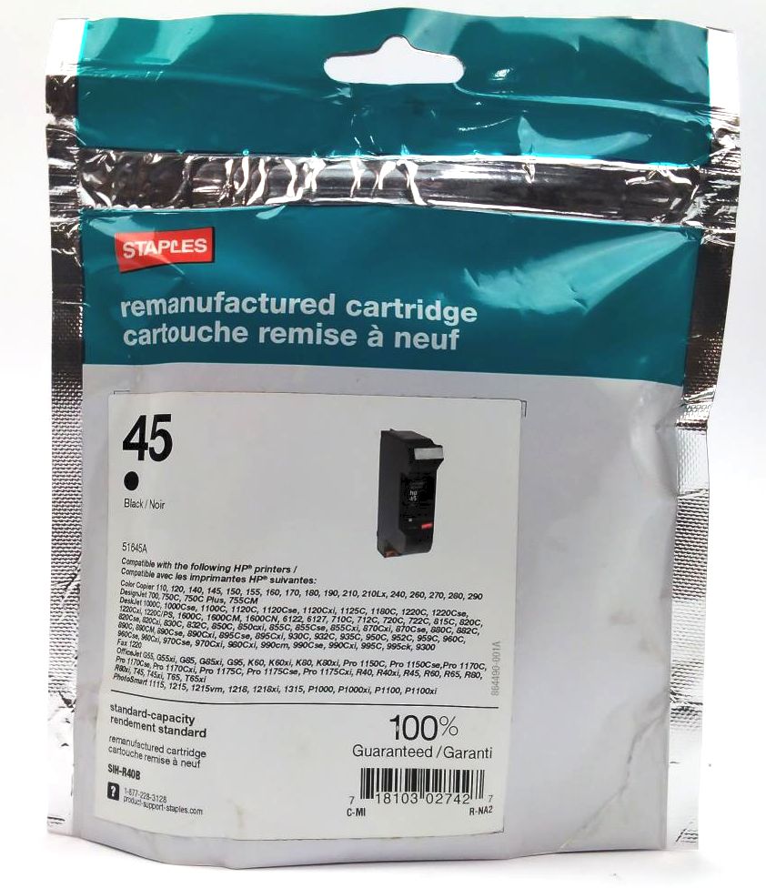 Staples 45 Ink Cartridge Black SIH-R40B for HP OfficeJet G55 G85 G85XI G95 K60XI