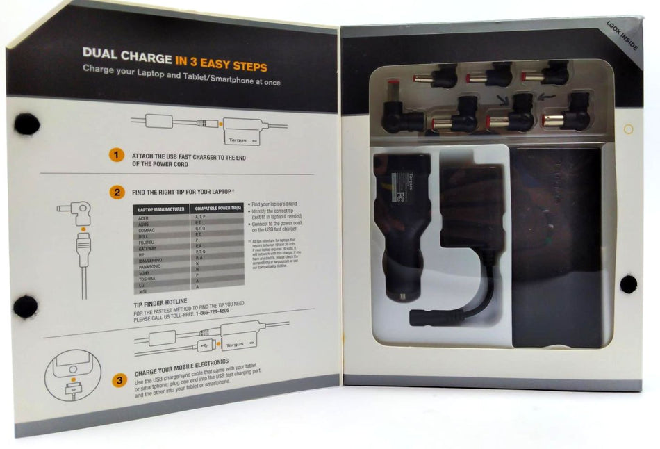 Targus Laptop Travel Charger Universal with USB Charging Port 90W 19.5VDC 4.61A