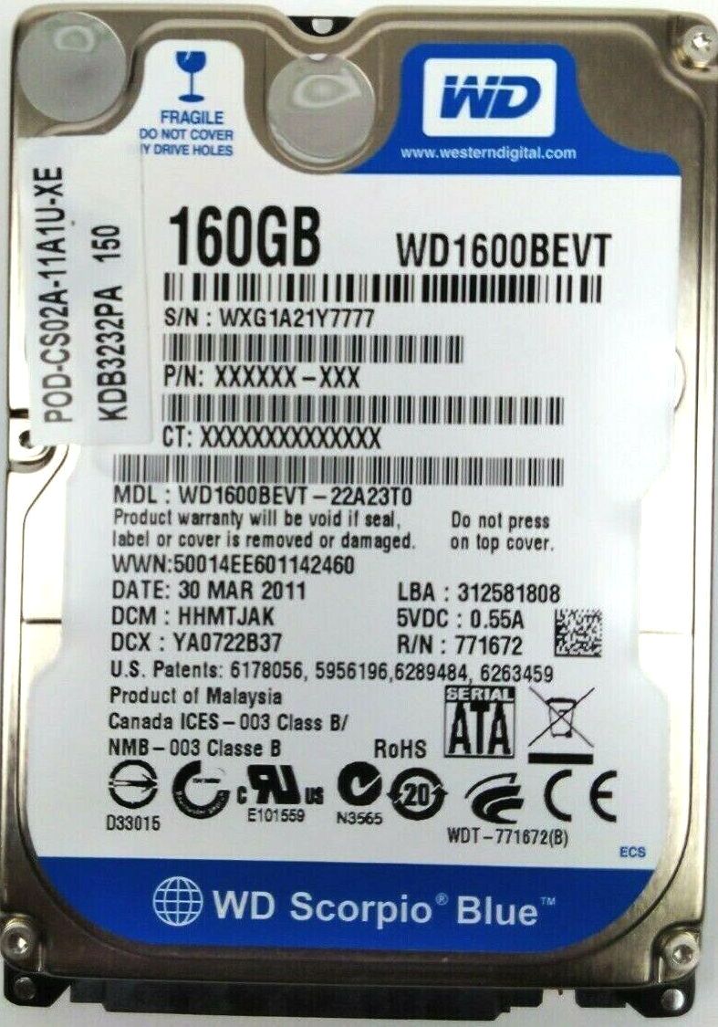 Western Digital WD1600BEVT Scorpio Blue Hard Drive 160GB 2.5" Sata 3Gb/s 7200Rpm
