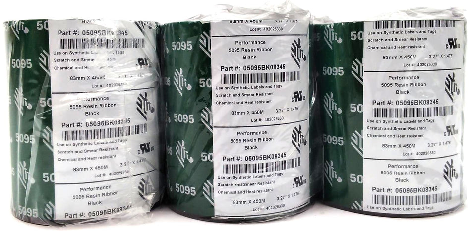 Zebra 3.27" x 1476' Performance Resin Ribbons 05095BK08345 Genuine - 5 Rolls