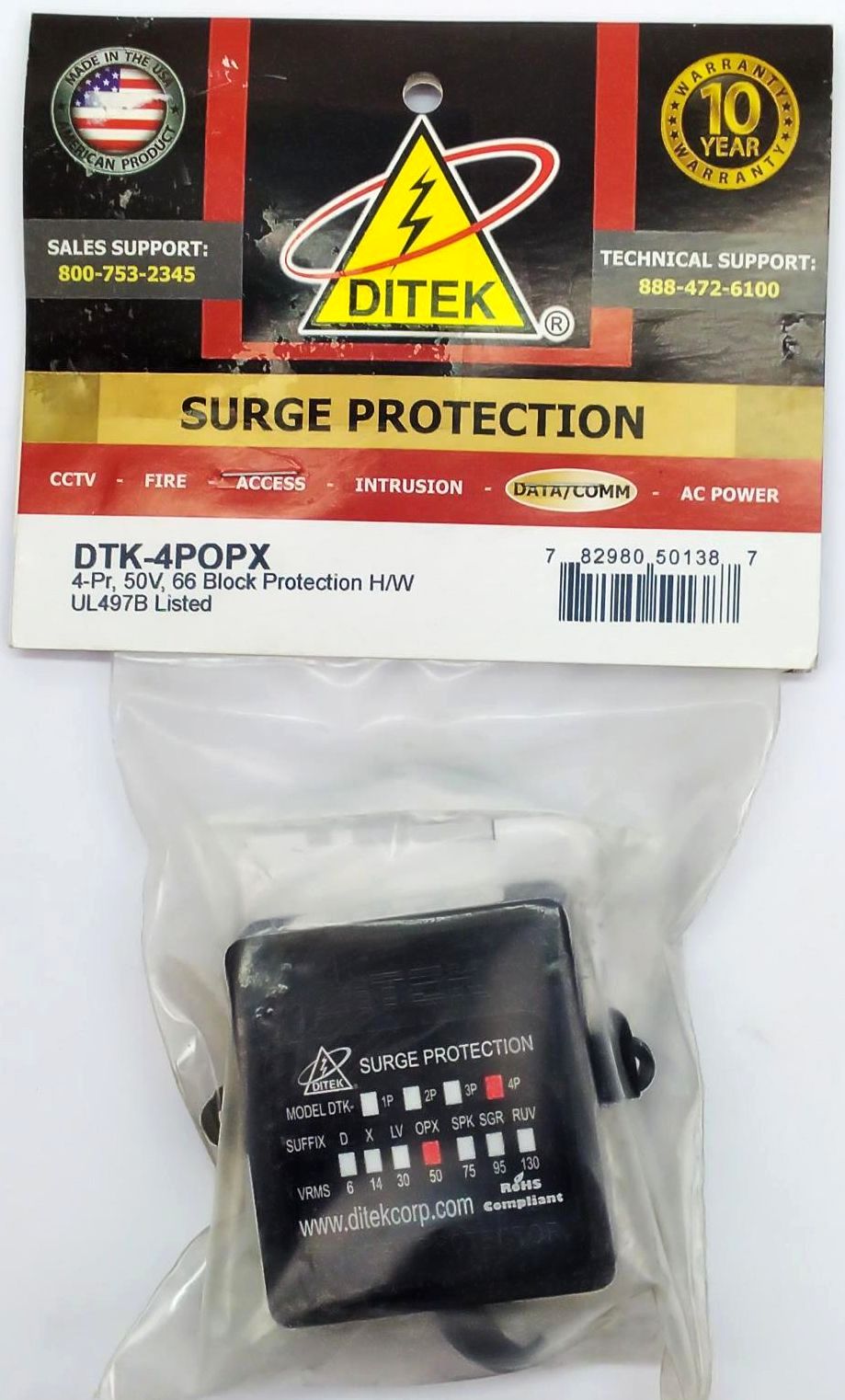 Ditek DTK-4POPX Telco Surge Protector 4-Pair 50V 66 Block Punch Down Terminal