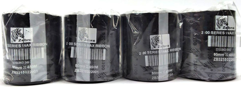 Zebra Wax Ribbons 80mm x 450m 2100 Series 02100BK08045 Black Genuine - 4 Rolls