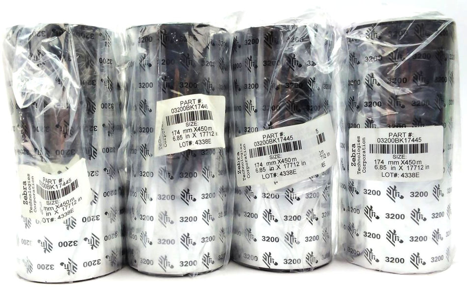 Zebra 3200 Wax-Resin Ribbons 6.85" x 17712" 03200BK17445 Black Genuine - 4 Rolls