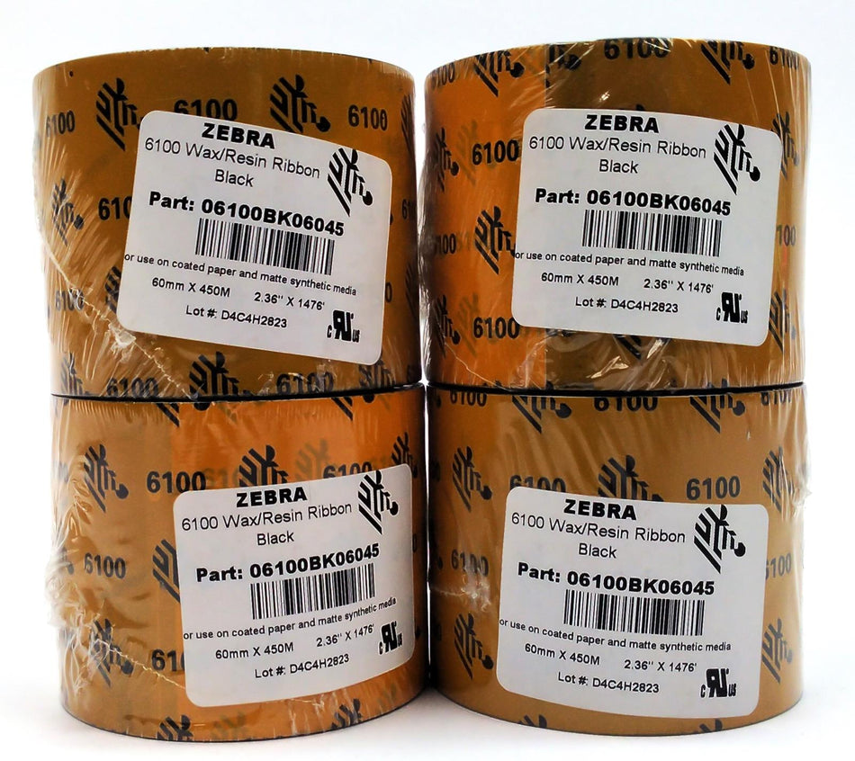 Zebra 2.36 x 1476' 6100 Wax Resin Ribbon Thermal Transfer 06100BK06045 - 4 Rolls