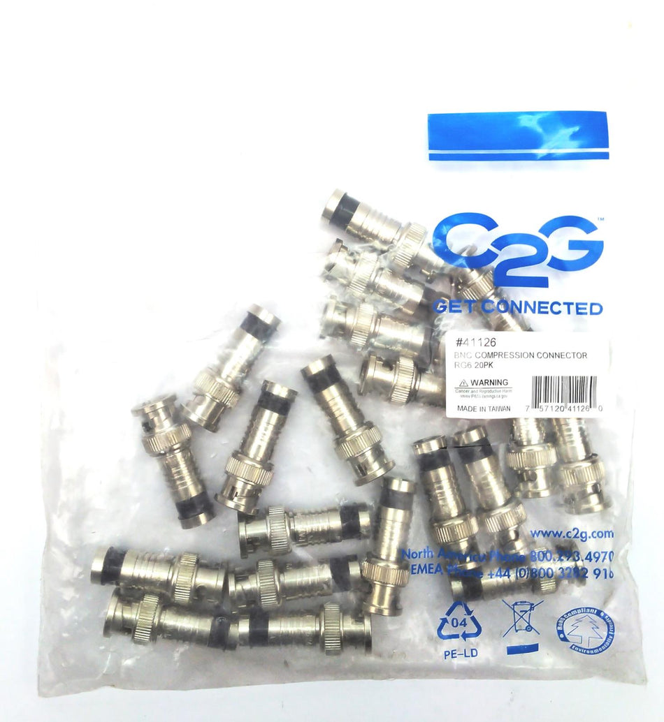 C2G BNC Compression Connector 41126 for Dual Shield RG6 Cable Pack of 20