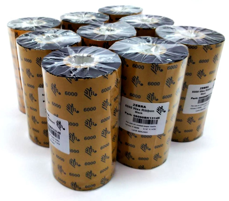 Zebra 5.16" x 1476' 6000 Wax Ribbons Black 06000BK13145 Genuine OEM - 22 Rolls