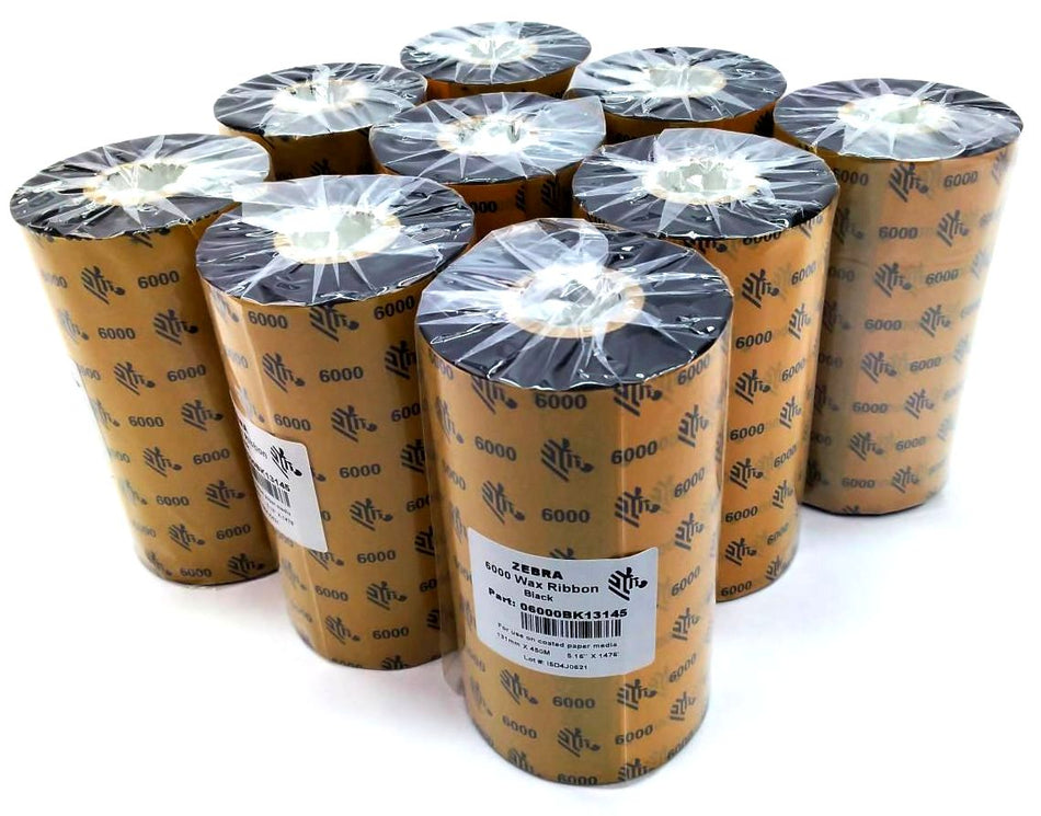 Zebra 5.16" x 1476' 6000 Wax Ribbons Black 06000BK13145 Genuine OEM - 22 Rolls