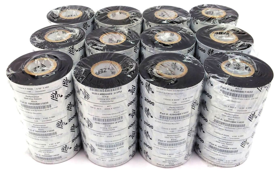 Zebra 4.33" x 984' Performance 2000 Wax Ribbons 02000BK11030 Genuine - 22 Rolls