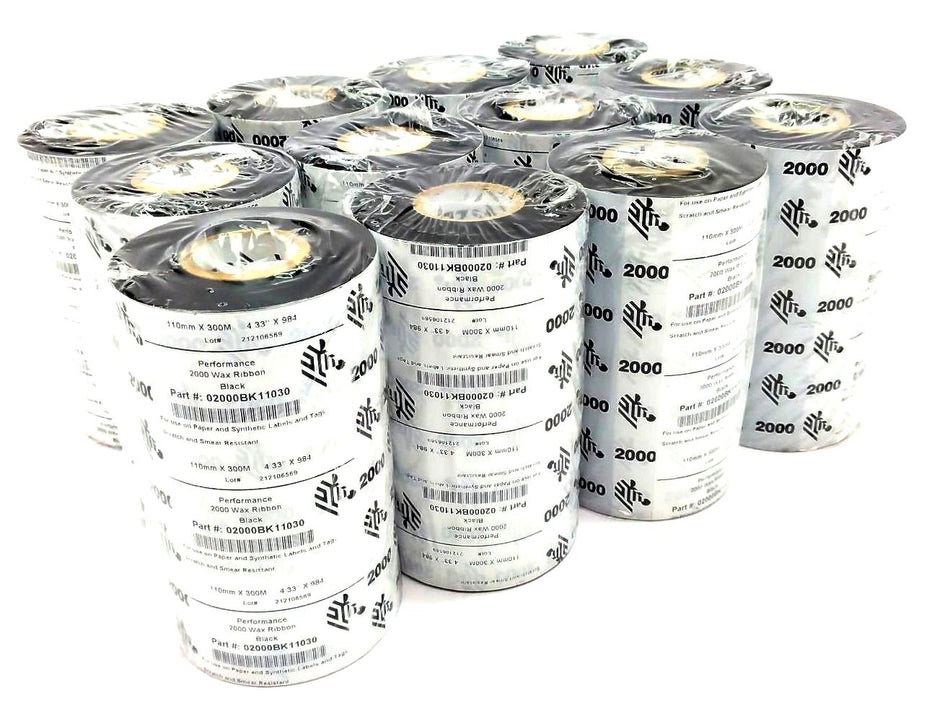 Zebra 4.33" x 984' Performance 2000 Wax Ribbons 02000BK11030 Genuine - 22 Rolls