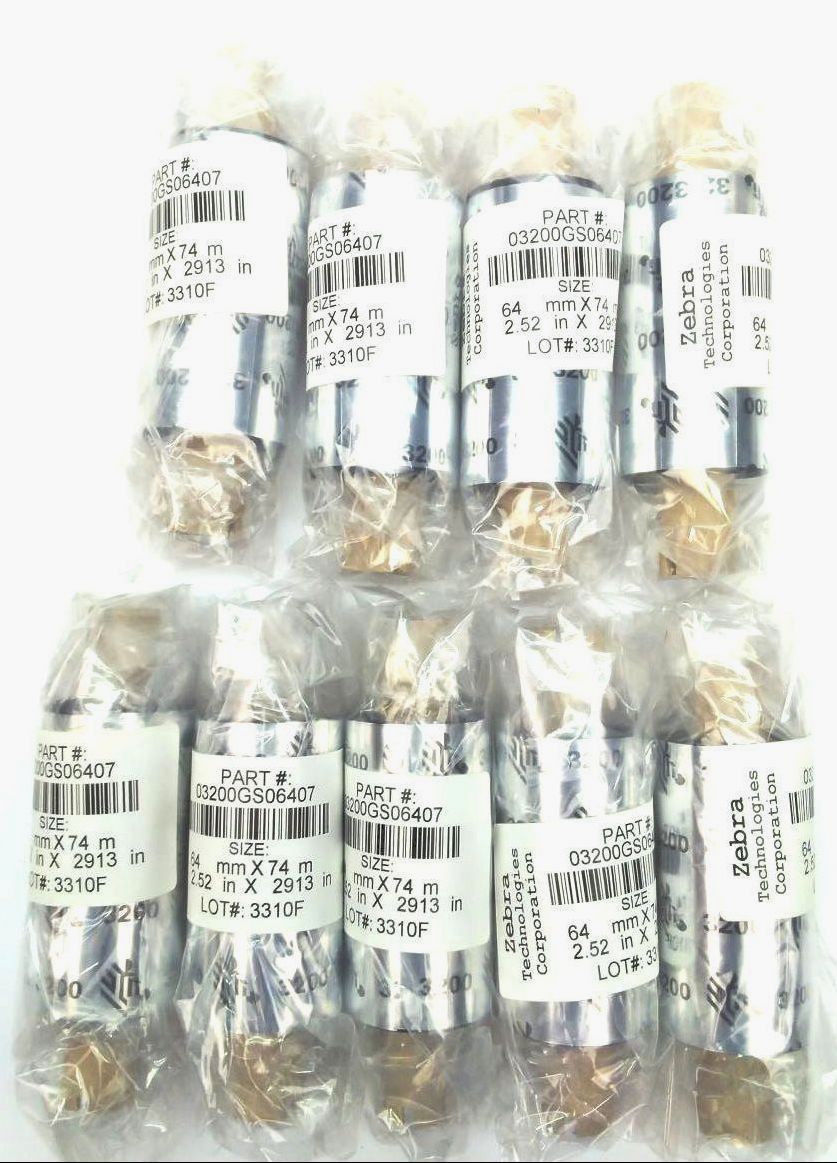 Zebra 2.5" x 2913" 3200 Wax Resin Ribbons 03200GS06407 Genuine OEM - 9 Rolls