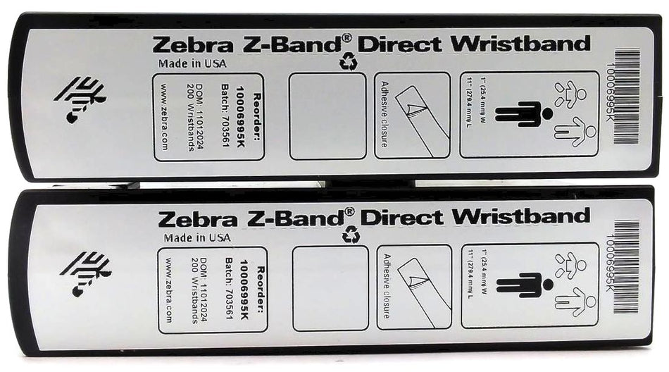 Zebra 1" x 11" Z-Band Direct 200 Wristbands 10006995K Genuine OEM - 2 Pack
