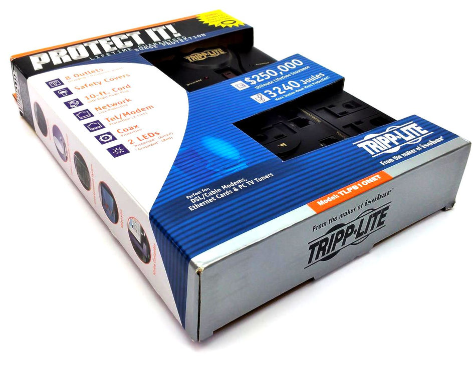 Tripp Lite TLP810NET Surge Protector 8 Outlets 3240 Joules with 10ft Cord