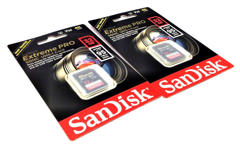 Lot of 2 SanDisk Extreme PRO SDHC UHS-I Flash Memory Cards 4K Ultra HD 32GB