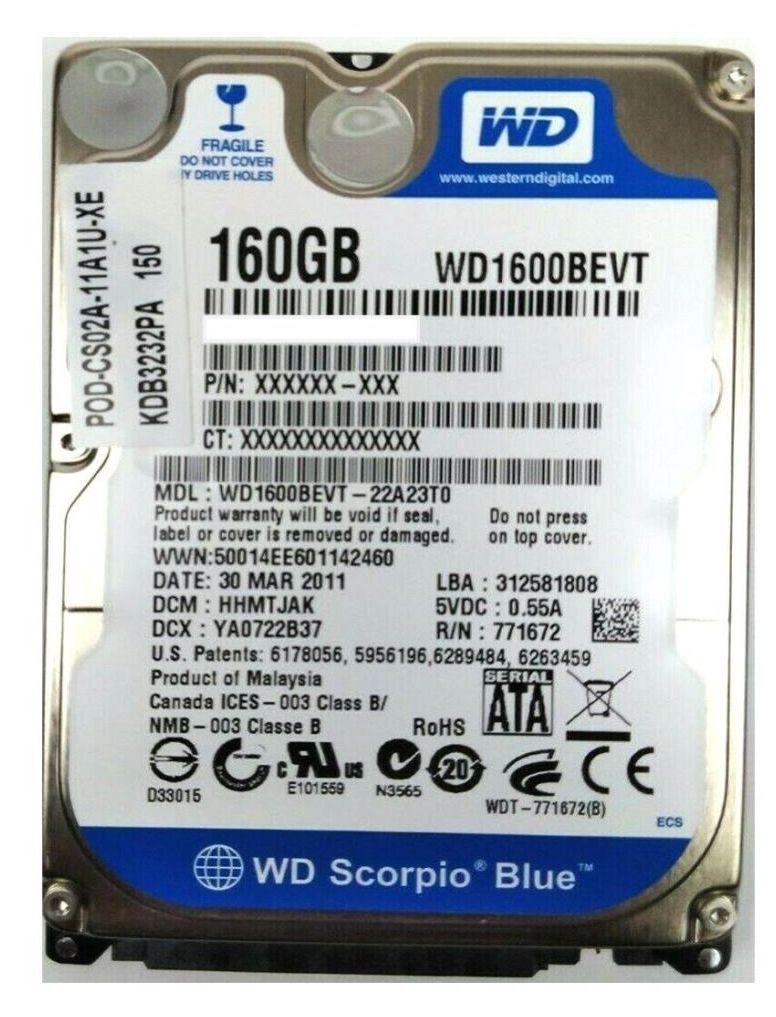 Western Digital WD1600BEVT Scorpio Blue Hard Drive 160GB 2.5" Sata 3Gb/s 7200Rpm