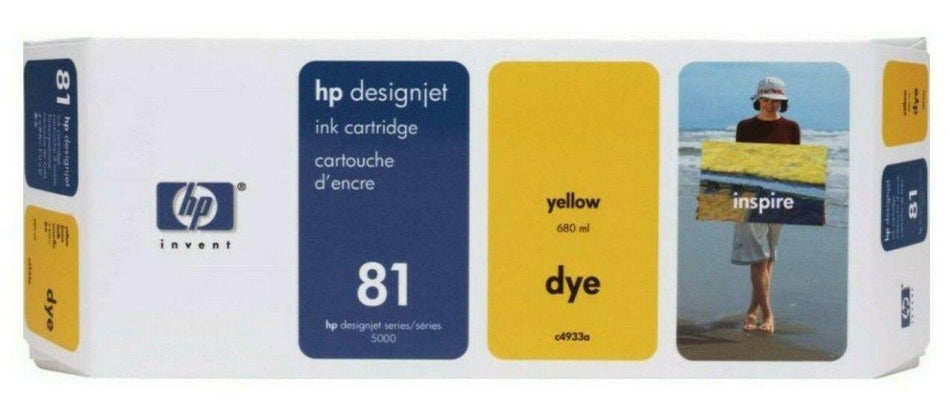 HP DesignJet Series 5000 81 Yellow Dye Genuine OEM Ink Cartridge C4933A 680ml