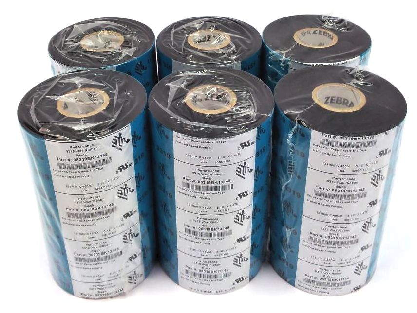 Zebra 5.16" x 1476' Thermal Transfer Wax Ribbons Genuine 05319BK13145 - 6 Rolls