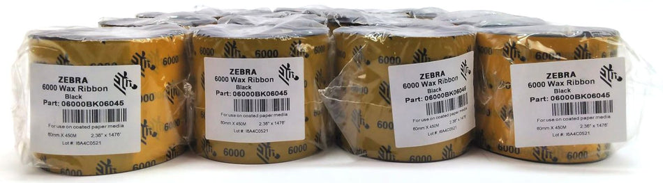 Zebra 2.36" x 1476' Genuine OEM 6000 Wax Ribbons 06000BK06045 Black - 15 Rolls