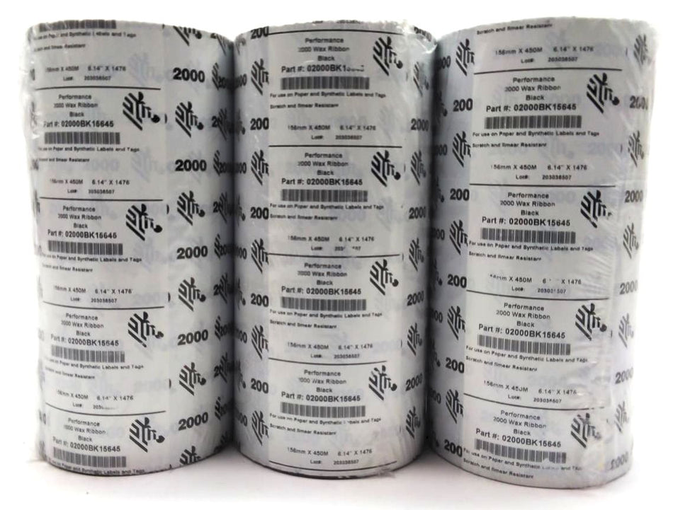 Zebra 6.50" x 1476' Performance 2000 Wax Ribbons 02000BK15645 Genuine - 11 Rolls