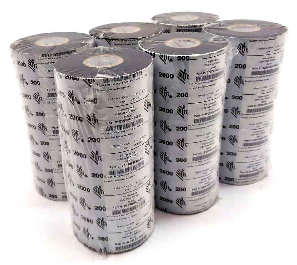 Zebra 6.50" x 1476' Performance 2000 Wax Ribbons 02000BK15645 Genuine - 11 Rolls
